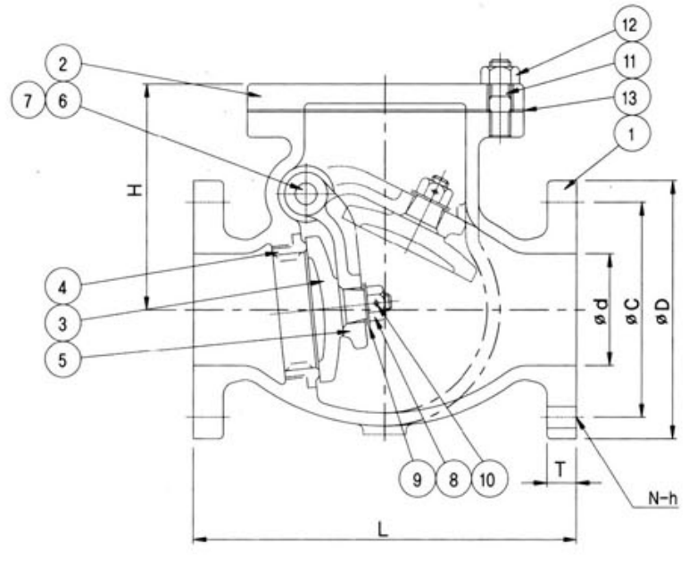 Drawing of JIS F7373 Cast Iron Swing Check Valve.png